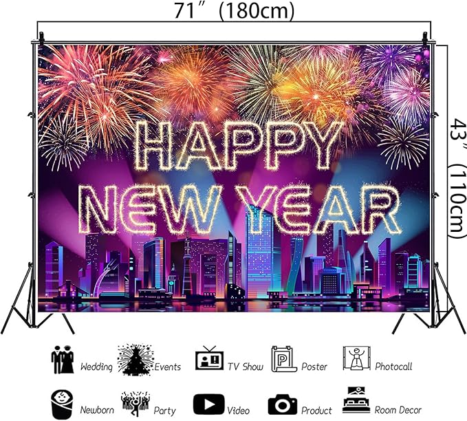 Happy New Year Banner 2026 Purple New York City Night View Manhattan Backdrop Retyshia Sparkling Fireworks Happy New Year Decorations Banner for NYE Party Photo Booth 5.9×3.6 Ft (Polyester)