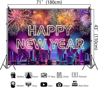 Happy New Year Banner 2026 Purple New York City Night View Manhattan Backdrop Retyshia Sparkling Fireworks Happy New Year Decorations Banner for NYE Party Photo Booth 5.9×3.6 Ft (Polyester)