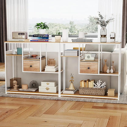 Giantex 40” Narrow Console Table, Modern Sofa Table with Open Storage Shelves and Removable Drawer, Skinny Behind Couch Tables, Long Entrway Tables for Living Room, Foyer, Hallway (Natural + White)