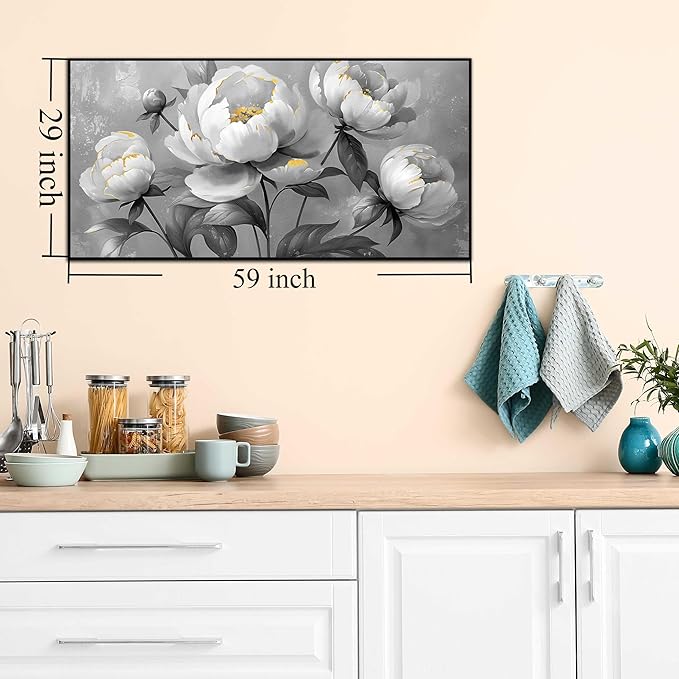 Large Black and White Flower Canvas Wall Art With Black Wood Frames for Living Room Bedroom Home Office Modern Canvas Prints Framed Canvas Wall Art Size 30x60