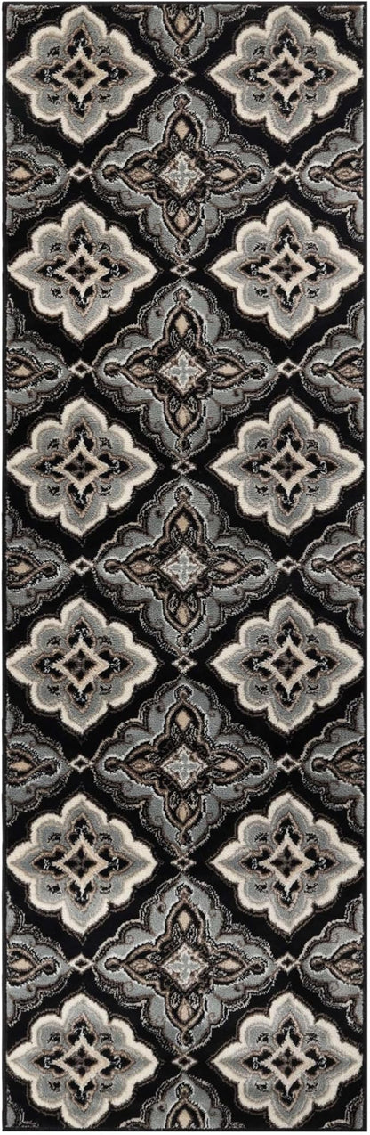 Superior Crawford Collection Area Rug, 8mm Pile Height with Jute Backing, Gorgeous Mediterranean Tile Pattern, Fashionable and Affordable Woven Rugs - 2'7" x 8' Runner, Black