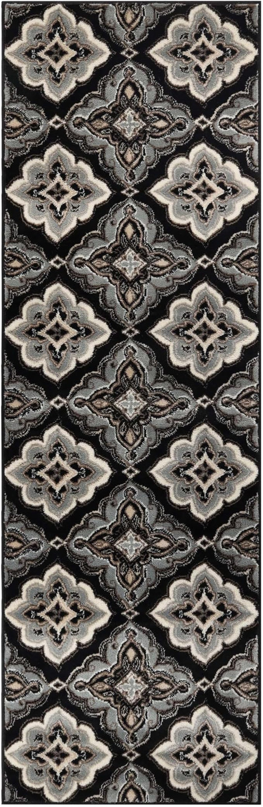 Superior Crawford Collection Area Rug, 8mm Pile Height with Jute Backing, Gorgeous Mediterranean Tile Pattern, Fashionable and Affordable Woven Rugs - 2'7" x 8' Runner, Black