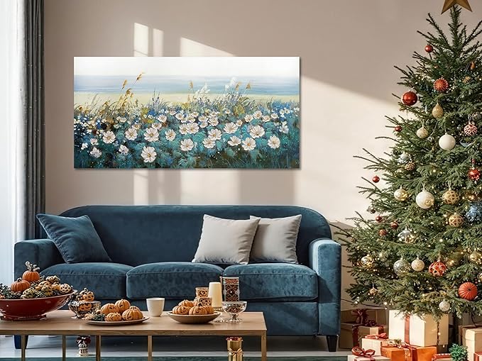 Arjun Flower Wall Art Bedroom Wall Decor Canvas White Daisy Floral Painting Landscape Picture Art Work for Living Room Wall Decor Textured Large Office Home Dining Room, 48"x24"