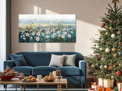 Arjun Flower Wall Art Bedroom Wall Decor Canvas White Daisy Floral Painting Landscape Picture Art Work for Living Room Wall Decor Textured Large Office Home Dining Room, 48"x24"