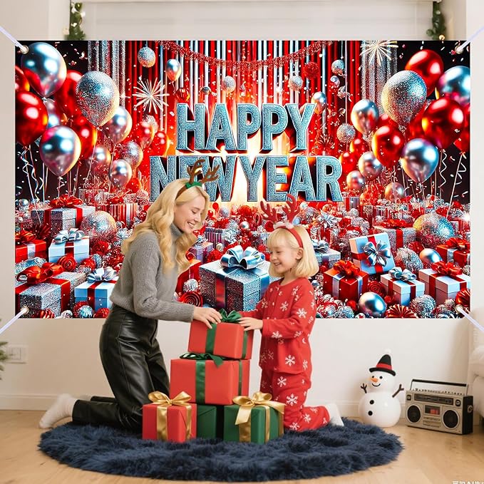 Nuxovilar Happy New Year Banner, Red Blue Balloons Dense Backdrop for Party Decorations, 71x43 Inch