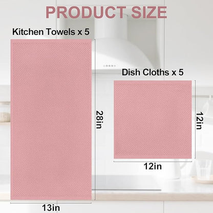 Homaxy 100% Cotton Kitchen Towels and Dishcloths Set, 12 x 12 Inches and 13 x 28 Inches, Set of 10 Bulk Kitchen Towels Set, Ultra Soft Absorbent Dish Cloths for Washing Dishes, Dried Rose