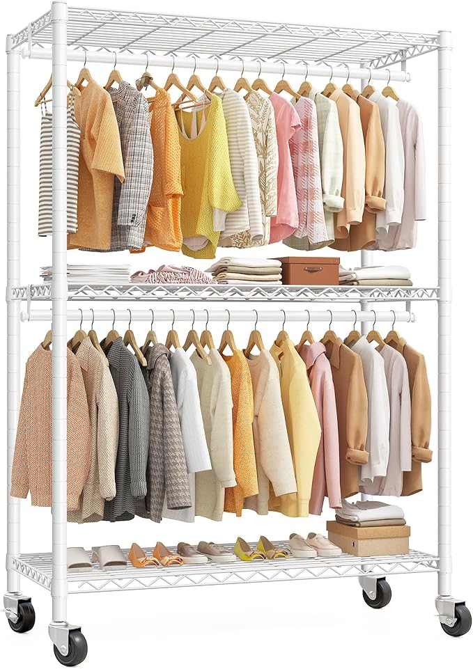 Raybee Heavy Duty Clothes Rack, 81" H Clothing Racks for Hanging Clothes, Clothing Rack with Wheels and Adjustable Feet, Max Load 440LBS, White