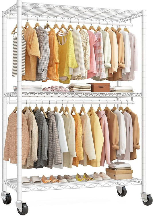 Raybee Heavy Duty Clothes Rack, 81" H Clothing Racks for Hanging Clothes, Clothing Rack with Wheels and Adjustable Feet, Max Load 440LBS, White