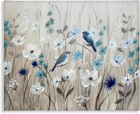 Stupell Industries Birds Floral Meadow Blue White Blossoms, Design by Nan,Beige