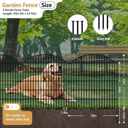 5 Panels Decorative Garden Fence 33in (H) x 12ft (L), Rustproof Metal No Dig Fencing Animal Barrier Border for Dog Rabbit, Flower Edging for Yard & Patio Outdoor Landscape