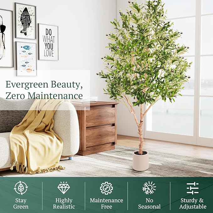 Large Olive Trees Artificial Indoor, Upgraded 7FT Faux Olive Tree with Natural Wood Trunk and Lifelike Fruits, White Tall Planter, Modern Artificial Plants for Home/Office Decor Gifts