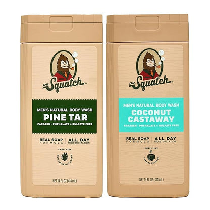 Dr. Squatch NEW Body Wash for Men with Nourishing, Natural Ingredients | No Paraben, Phthalate, Sulfate | All Day Moisture | Long Lasting Scent | Pine Tar & Coconut Castaway (14 oz, 2-Pack)