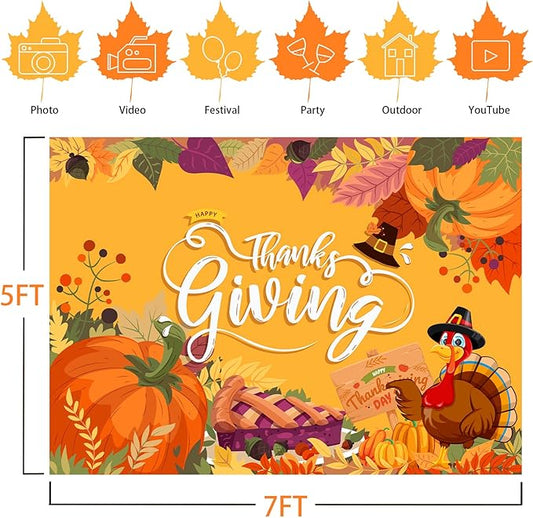 Thanksgiving Backdrop, 84" x 60" Orange Polyester Thanksgiving Banner with Pumpkin, Maple Leaf & Turkey Design, Great for Photo Booth, Wall Decor, Party Supplies
