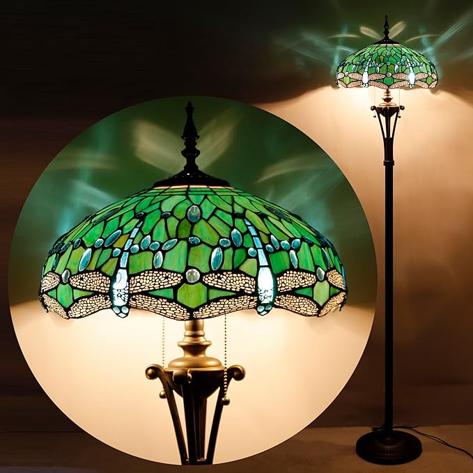 Tiffany Floor Lamp Green Stained Glass Dragonfly Standing Reading Light 16X16X70 Inches Antique Pole Corner Lamp Decor Bedroom Office Living Room