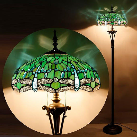 Tiffany Floor Lamp Green Stained Glass Dragonfly Standing Reading Light 16X16X70 Inches Antique Pole Corner Lamp Decor Bedroom Office Living Room
