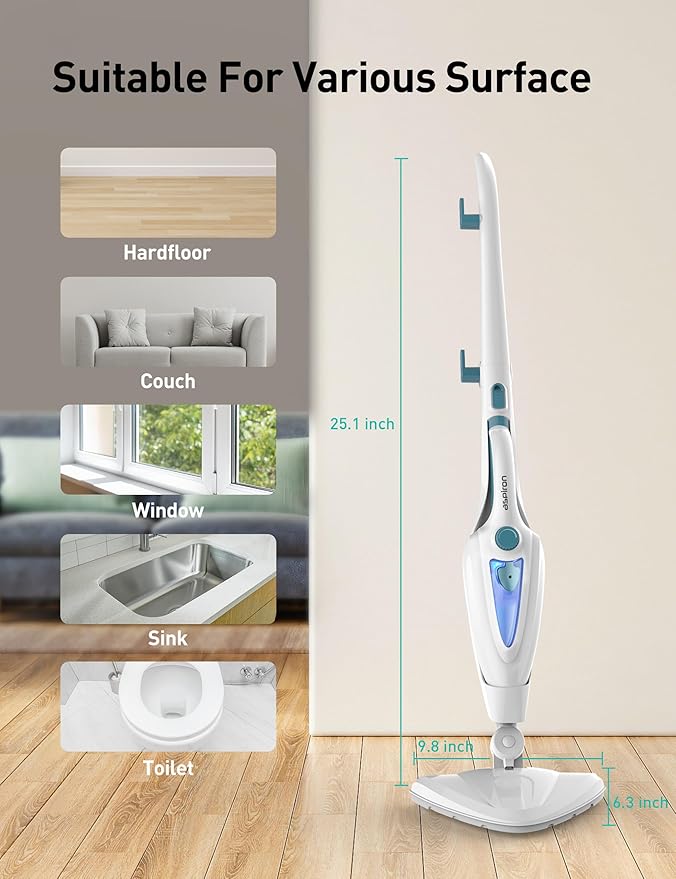 12-in-1 Steam Mop, Fast 15-Sec Heat-Up, 1500W Detachable Handheld Steam Cleaner with 2 Dirt Grip Pads, Removes 99.99% Stubborn Stains for Hardwood Floors, Windows, Tiles, Furniture, Turquoise