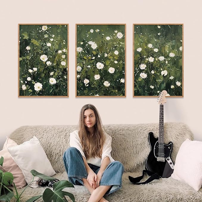 HLNIUC Green White Floral Framed Wall Art Set, Abstract Flower Canvas Wall Decor, Modern Botanical Wall Painting, Blossom Landscape Art Print for Living Room, Bedroom, Office - 24"x36"x3