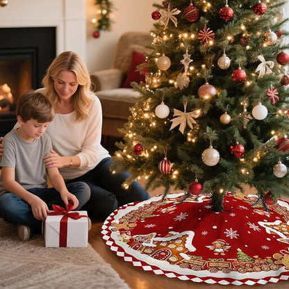 Red Gingerbread Christmas Tree Skirt Decorations House Decor Christmas Gingerbread Tree Ornaments Holiday Party Indoor Outdoor Xmas Trees Mat 36 inches