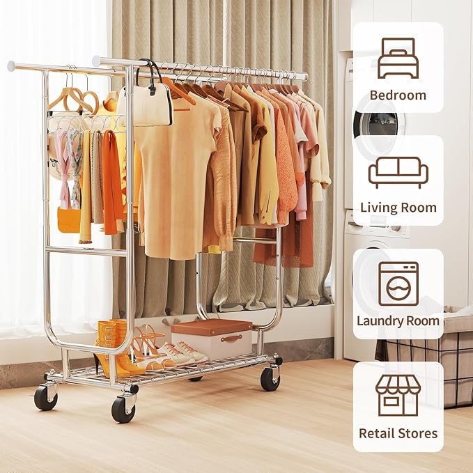 Clothes Rack Heavy Duty 620LBS For Hanging Clothes, Commercial Garment Rack Heavy Duty,Collapsible ＆ Portable Clothes Rack with Wheels,Rolling Clothing Racks Metal Clothing Rack (CR-H)