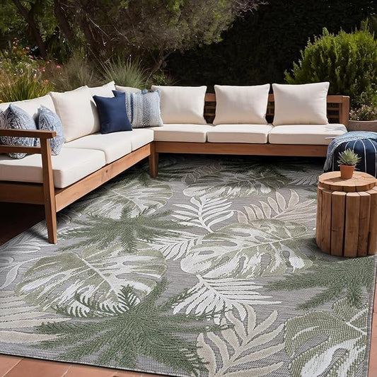 Floral Indoor Outdoor Rugs 9x12 Large Area Rug for Living Room, Patio Decor, Kitchen, and Entryway Rug, Washable Stain Resistant Outside Carpet Green 9 x 12