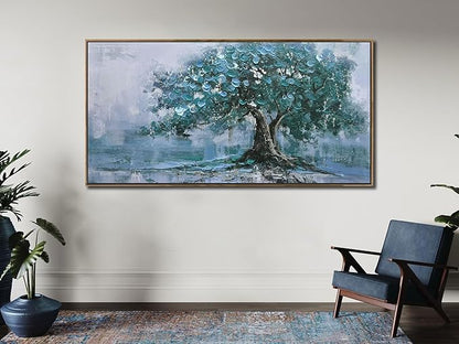 Ardemy Tree Framed Canvas Wall Art for Living Room Large Teal Tree of Life Pictures Wall Decor Landscape Bedroom Nature Paintings Artwork Home Office Dining Room Kitchen, 48"x28"