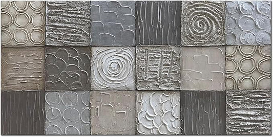 Alenoss 100% Handmade Abstract Metal Paintings Canvas Wall Art Unique Thick Texture Rough Surface Modern Oil Painting 48x24 Inches Imitation Old Handicrafts Grey Artwork
