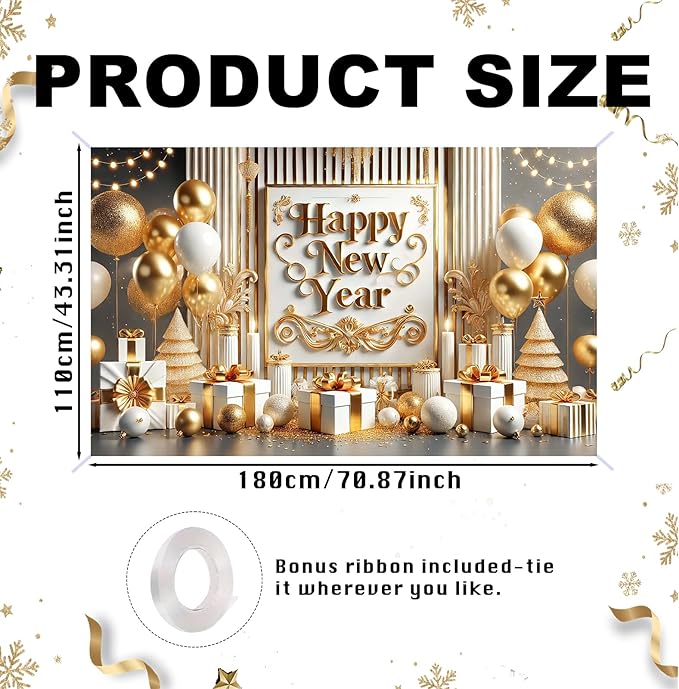 Nuxovilar Happy New Year Banner, Vintage Frame Golden Balloons Backdrop for Party Decorations, 71x43 Inch