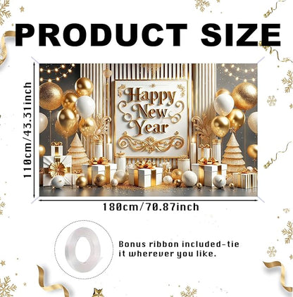 Nuxovilar Happy New Year Banner, Vintage Frame Golden Balloons Backdrop for Party Decorations, 71x43 Inch