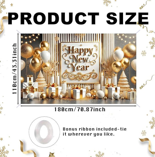 Nuxovilar Happy New Year Banner, Vintage Frame Golden Balloons Backdrop for Party Decorations, 71x43 Inch