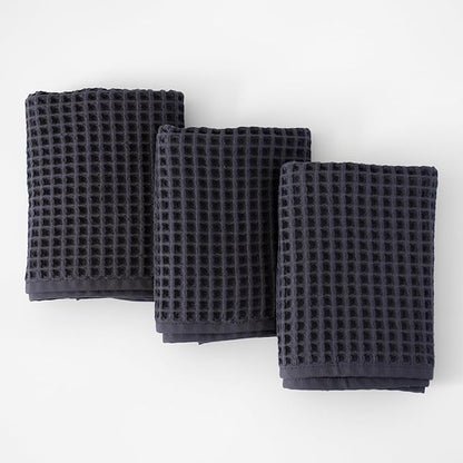 PÜSKÜL Organic Waffle Kitchen Towel 100% Turkish Cotton Set of 3 Dark Gray - Premium Quality, Soft, Quick-Dry, Absorbent, Lint-Free Hand Towels 32X16 Inches (3, Dark Gray)