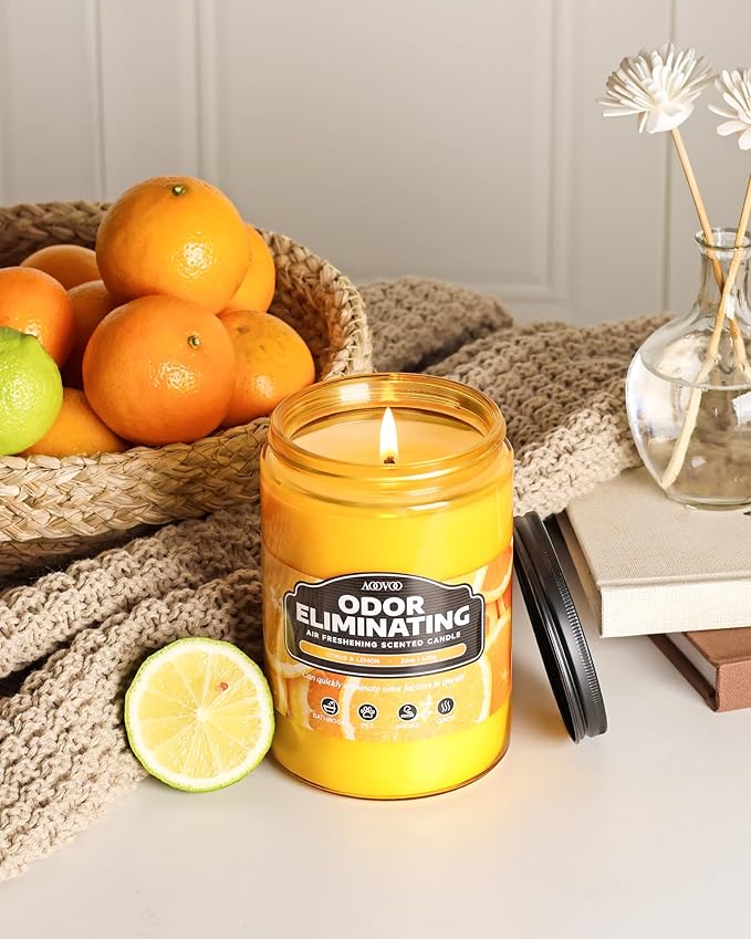 AOOVOO Citrus Lemon Odor Eliminating Highly Fragranced Candle - Eliminates 95% of Pet, Smoke, Food, and Other Smells Quickly, Air Freshing Soy Candle, 22 oz Up to 110 Hours Burn time
