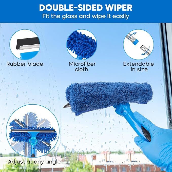 Window Squeegee, 2-in-1 Window Cleaner with Removable Extension Poles 177'' Window Washing Kit Glass Door Cleaner Multi-Use Car Windshield Cleaning Tool with 1 Blade 3 Scrubber for High Outdoor Window