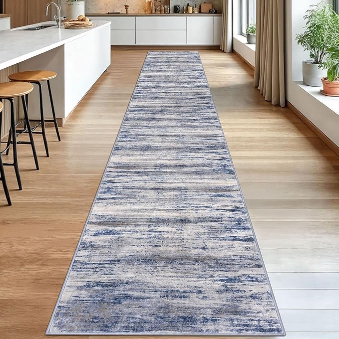 KOZYFLY Modern Abstract Washable Rug Runner 2.6x18 Hallway Rug Runner Non-Slip Soft Kitchen Runner Rugs, Grey-Blue Striped Carpet for Entryway Bathroom Laundry Room Foyer