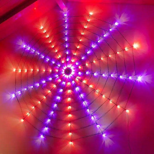 Ollny Spider Web Decoration 6.6FT 126 LED, Orange and Purple Halloween Lights with Black Spider Battery Powered 8 Modes Timer, Waterproof Cobweb String Light for Outdoor Indoor House Yard Party