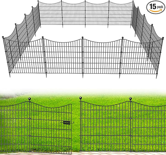 15 Panels Decorative Garden Fence with Gate, 32 in(H) X 35.4 ft(L) No Dig Dog Fence Animal Barrier Outdoor for Yard, Rustproof Metal Garden Edging and Borders, Temporary Fencing Stakes
