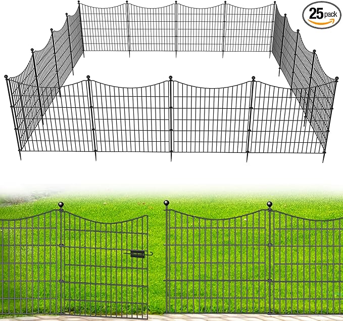 25 Panels Decorative Garden Fence with Gate, 32 in(H) X 59 ft(L) No Dig Dog Fence Animal Barrier Outdoor for Yard, Rustproof Metal Garden Edging and Borders, Temporary Fencing Stakes