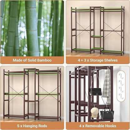 Homykic Bamboo Closet System, Large Clothing Rack for Hanging Clothes, Freestanding Clothes Rack with 7 Shelves & 5 Hanging Rods, Open Wardrobe Closet Organizer Garment Rack with 4 Hooks, Espresso