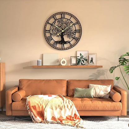 Micasso Non-Ticking Large Wall Clock: 30Inch Tree of Life Metal Black with Solid Wood Frame - Battery Operated Silent Clock for Office/Bedroom/Kitchen - Idea for Fashion-Conscious
