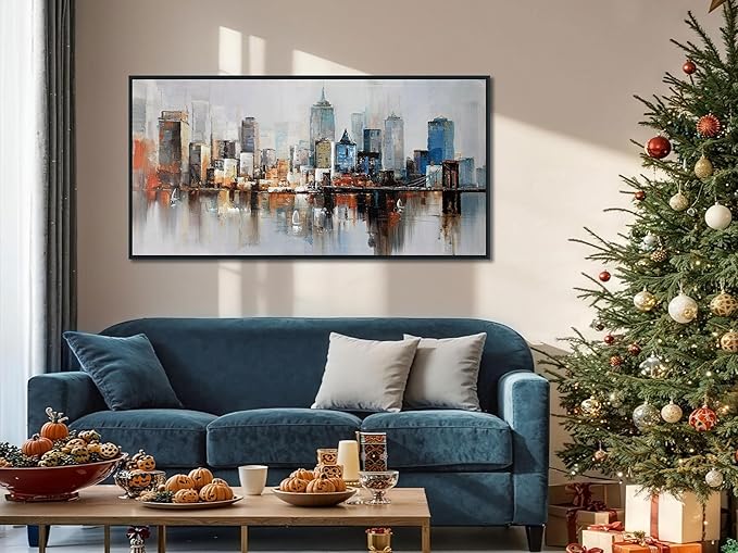 Arjun Brooklyn Bridge Wall Art Modern New York Abstract Canvas Cityscape Painting Colorful NYC Skyline Textured Picture for Living Room Bedroom Home Office Wall Decor, Large Black Wood Framed 48"x24"