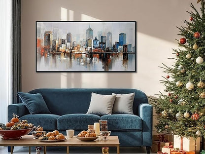 Arjun Brooklyn Bridge Wall Art Modern New York Abstract Canvas Cityscape Painting Colorful NYC Skyline Textured Picture for Living Room Bedroom Home Office Wall Decor, Large Black Wood Framed 48"x24"