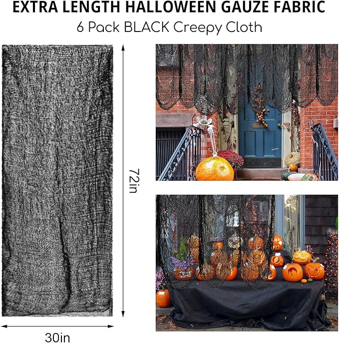 Legigo 6 Pack Balck Halloween Creepy Cloths Cheesecloths, Spooky Black Mesh Fabric Cheese Cloths for Crafts, Scary Gauze Fabric for Party Supplies Home Wall Doorway Outdoor Yard Decor