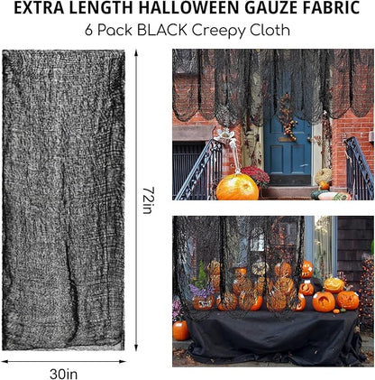 Legigo 6 Pack Balck Halloween Creepy Cloths Cheesecloths, Spooky Black Mesh Fabric Cheese Cloths for Crafts, Scary Gauze Fabric for Party Supplies Home Wall Doorway Outdoor Yard Decor