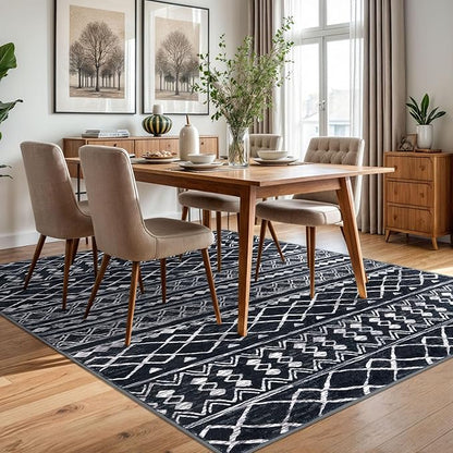 KUTA Area Rug 5x7 Black, Washable Boho Large Living Room Moroccan Rugs Non-Slip, Ultra Soft Geometric Traditional Farmhouse Carpet for Dining Room Bedroom Dorm Office Home Décor