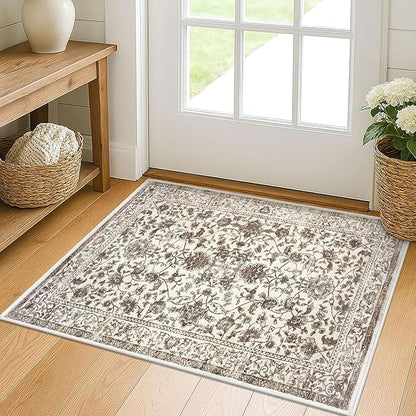 KILOCOCO Moroccan Small Area Rug 2x3 Entryway Rugs Printed Vintage Floral Washable Rug Non-Slip Kitchen Rug Indoor Door Mat, Accent Throw Small Rugs for Laundry Room Bedroom Entrance, Beige/Brown