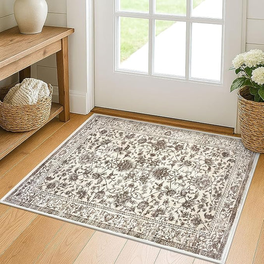 KILOCOCO Moroccan Small Area Rug 2x3 Entryway Rugs Printed Vintage Floral Washable Rug Non-Slip Kitchen Rug Indoor Door Mat, Accent Throw Small Rugs for Laundry Room Bedroom Entrance, Beige/Brown