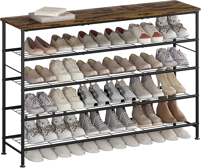 Shoe Rack 5 Tier Shoe Storage Organizer Metal Mesh Shelves with MDF Top Board for Entryway, Hallway, Closet,Bedroom，Living Room (Black+Rustic Brown, Large 5 Tier)