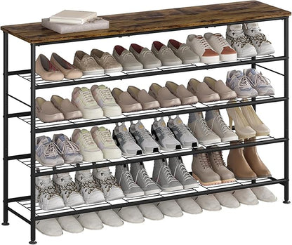 Shoe Rack 5 Tier Shoe Storage Organizer Metal Mesh Shelves with MDF Top Board for Entryway, Hallway, Closet,Bedroom，Living Room (Black+Rustic Brown, Large 5 Tier)
