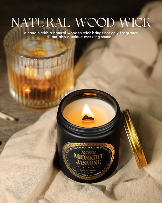AOOVOO Scented Candles for Men - Midnight Jasmine Candles for Home Scented | Crackling Wood Wick Soy Wax| Strong Fragranced Masculine Black Gift for Women & Men, 9oz