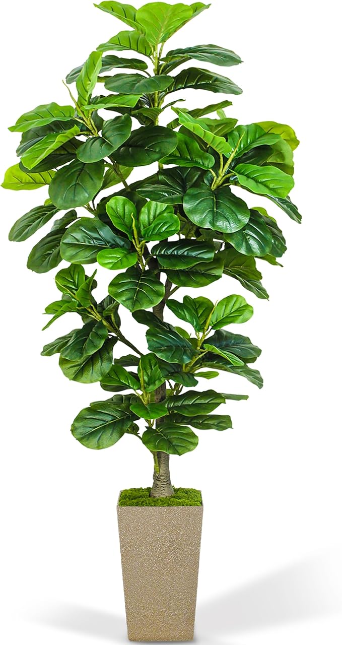 Artificial Fiddle Leaf Fig Tree 6ft, 6 Feet Large Tall Fake Plants Indoor with Modern Style Planter, Artificial Silk Tree for Home Office Living Room Decor Indoor, Lifelike & Lush (Champagne)