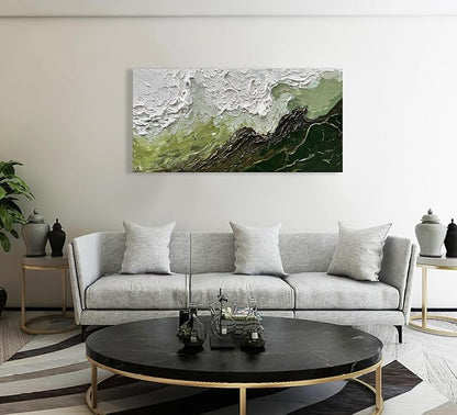 Art 24x48 Inch Hand-Painted Green and White Texture Oil Painting Modern Abstract Canvas Art Home Wall Decoration